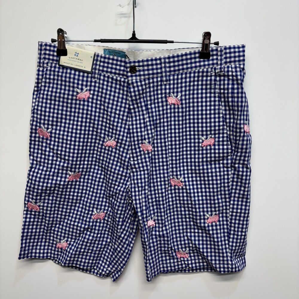 NWT Castaway Nantucket Men Size 34 Cisco Shorts Wide Gingham Flying Pig D106 -23